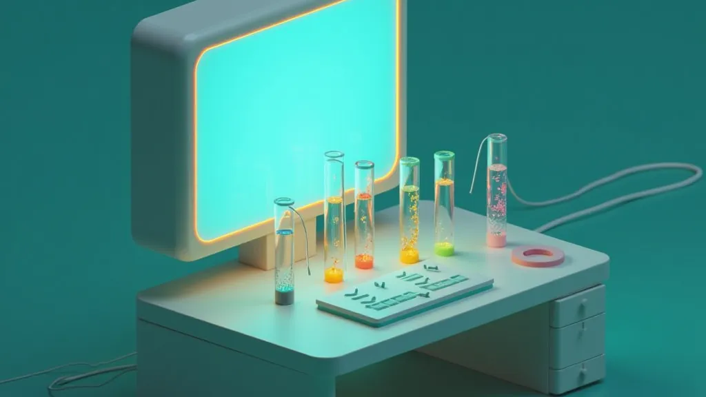 Isometric scene of a terminal feeding test tubes of light into a checklist, representing API behavior tests